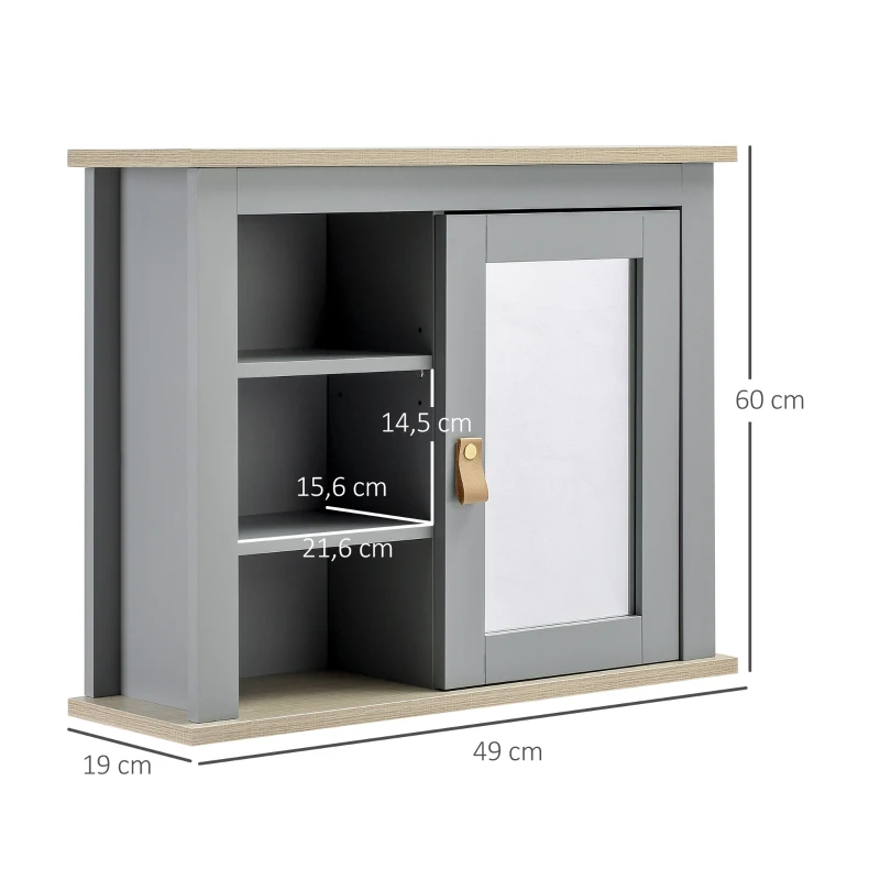 Kleankin Armário de banheiro com espelho Armário auxiliar de parede com 1 porta e prateleiras ajustáveis amplo Espaço de armazenamento para cozinha 60x19x49 cm Cinza