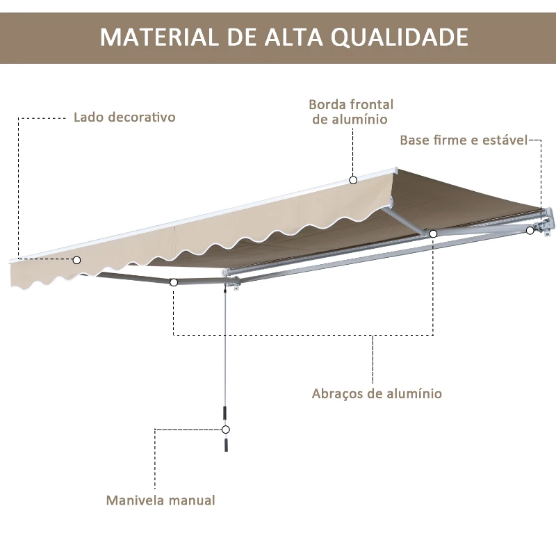 Outsunny Toldo Manual Dobrável de Alumínio 295x250cm com Manivela Impermeável Proteção Solar UV Alumínio Aço Tecido de poliéster Creme