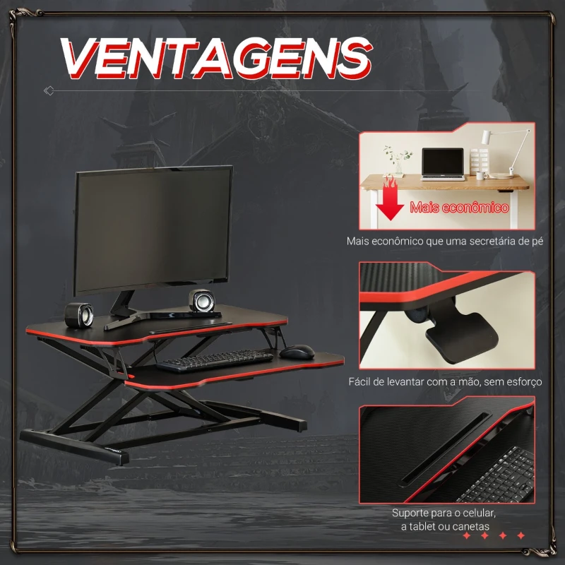 Vinsetto Suporte Elevador para Computador com Altura Ajustável Bandeja para Teclado e Suporte para Tablet Estilo Gaming 80x40x11-50,5cm Preto