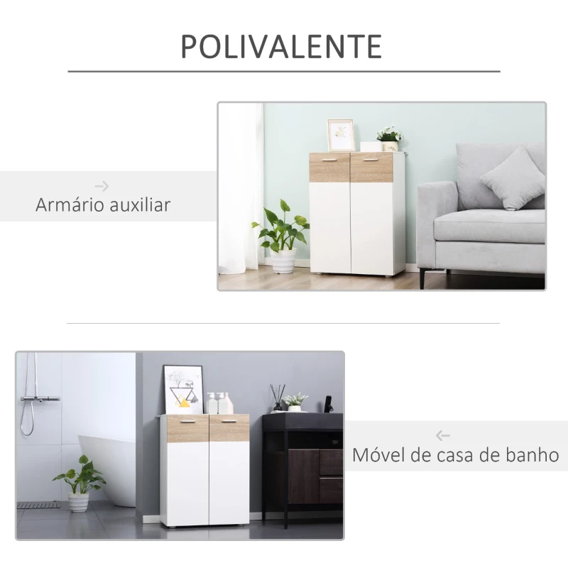 Kleankin Armário Casa de Banho com 2 Portas e Prateleiras Interiores Ajustáveis Móvel Auxiliar de Madeira Multiuso para Sala de Estar Cozinha Sala de Jantar 60x30x85cm Branco e Madeira Natural