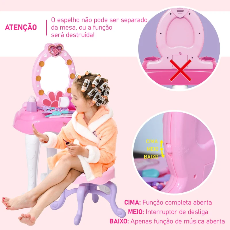 HOMCOM Conjunto de toucador infantil e cadeira de beleza com sons de luzes 35 x 20 x 59,5 cm