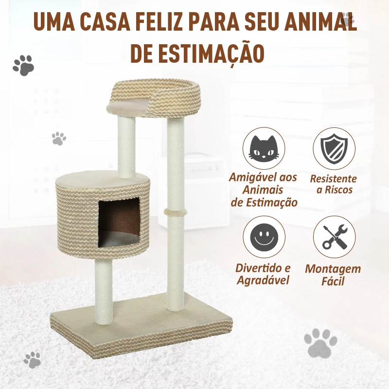 PawHut Árvore para gatos com Caverna de Pelúcia Postes de juta Plataforma confortável 61x41x96 cm Bege e Café