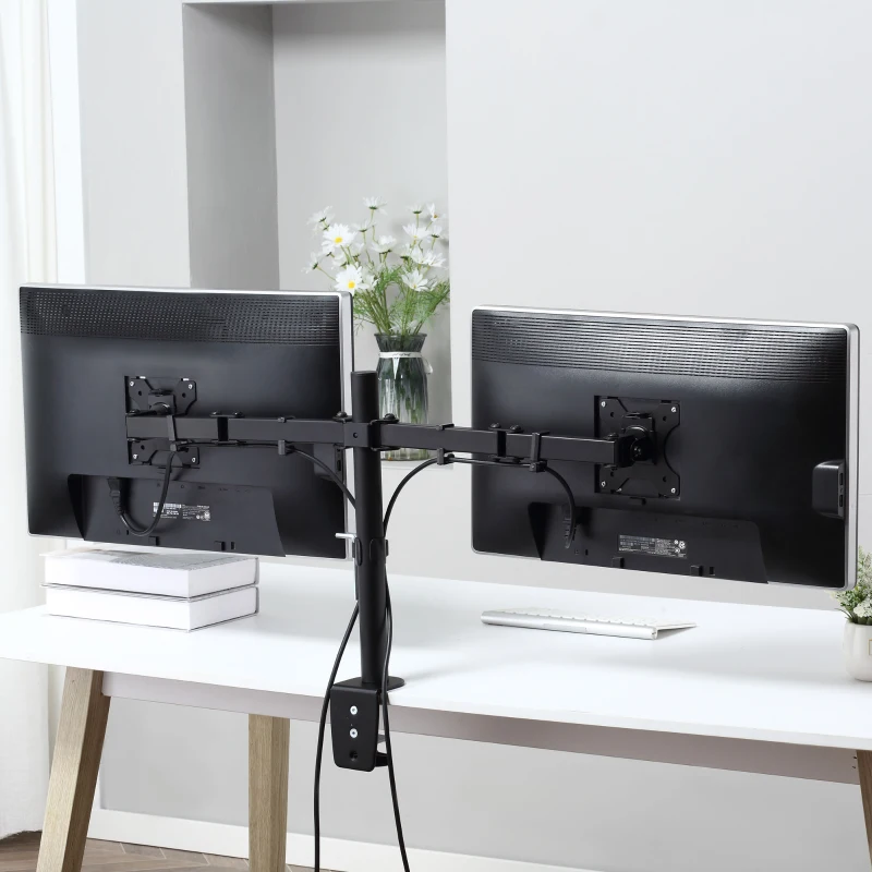 Vinsetto Suporte para Monitor Duplo para Telas LED LCD de 13"-32" Polegadas VESA 75/100mm com Braçadeira Ajustável Giratório 360° e 2 Opções de Montagem 87x12x50cm Preto
