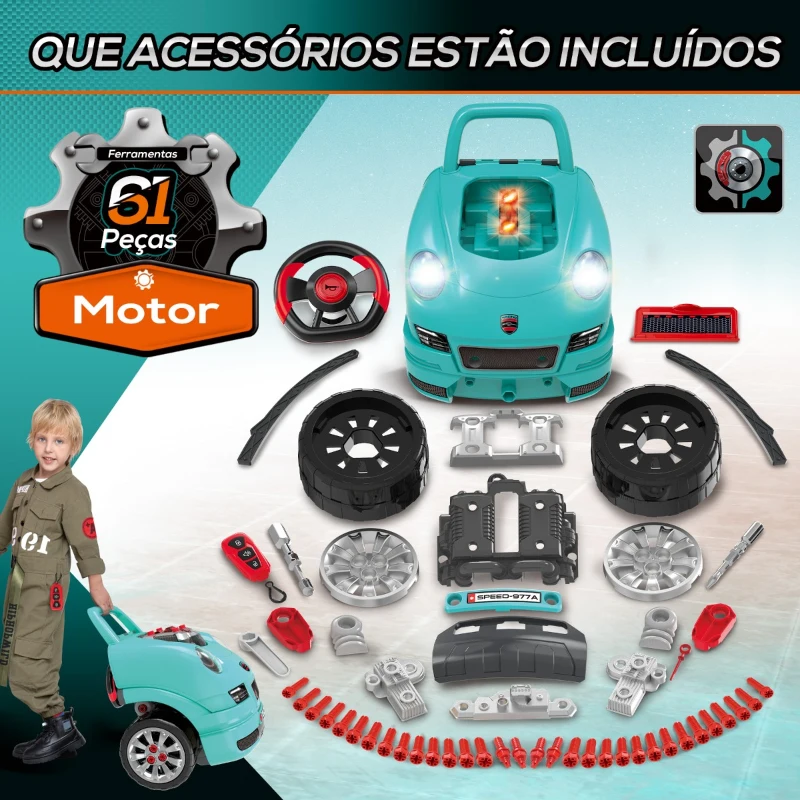 HOMCOM Motor de Caminhão para Crianças acima de 3 Anos Conjunto de Motor de Brinquedo com 61 Peças Volante Buzina Faróis Caixa de Armazenamento e Rodas 40x39x47cm Turquesa