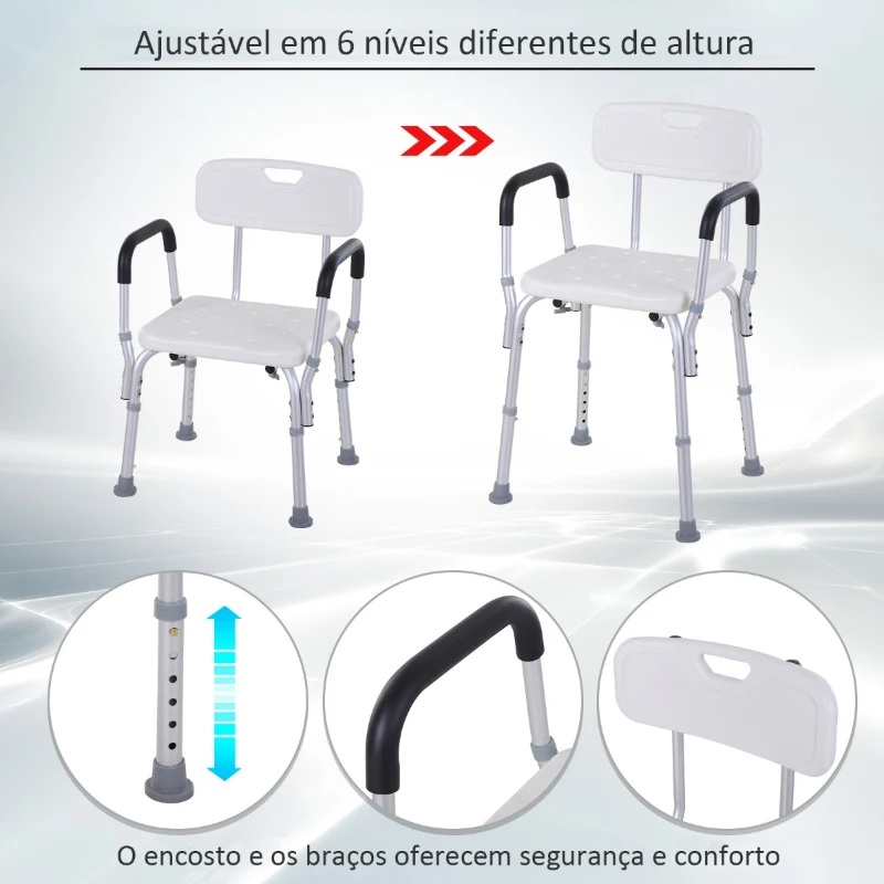 HOMCOM Cadeira para Duche Antiderrapante com Altura Ajustável em 6 Níveis Apoio para os Braços e Encosto 51,5x51,5x71-84 cm Branco