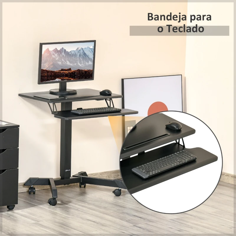 Vinsetto Secretária de Pé Ajustável em Altura 2 em 1 Mesa para Computador Portátil Móvel com 4 Rodas Bandeja para Teclado Estação de Trabalho 65x45x75-115cm Preto