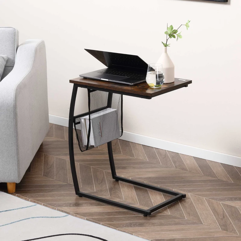 HOMCOM Mesa Auxiliar para Sofá e Cama em Forma de C com Bolso de Armazenamento Mesa Lateral de Estilo Industrial 52x35x64,5cm Marrom Rústico