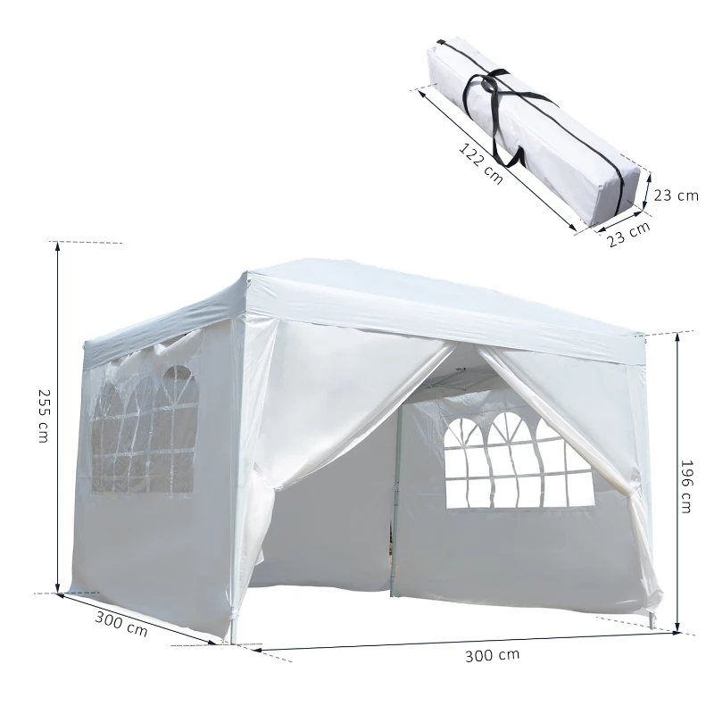 Outsunny Tenda de Jardim com Paredes Laterais Amovíveis Janelas Porta com Zíper e Bolsa de Transporte 295x295x195-258 cm Branco