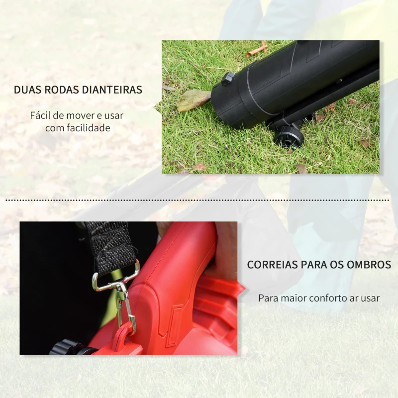 Outsunny 3 em 1 Aspirador Soprador e Triturador de Folhas Elétrico Potência 3000W Velocidade de 270km/h com Bolsa Coletora 45L e 2 Rodas 118x17x29cm Preto