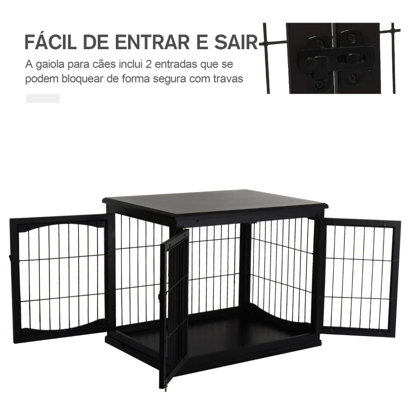 PawHut Gaiola para Cães de Madeira com Superfície de Mesa 2 Portas e Grades de Metal 81x58,5x66cm Preto