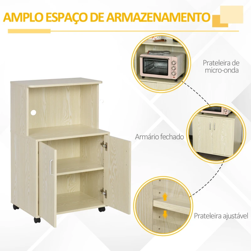 HOMCOM Armário Auxiliar para Microondas Armário de Cozinha Baixo com Armário de 2 Portas e Prateleira Ajustável com Rodas Carga 70 kg 60,4x40,3x97cm Carvalho