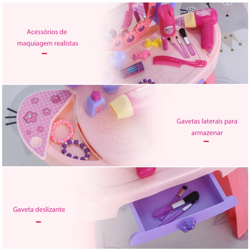 HOMCOM Penteadeira com banquinho Função de música Luzes para crianças acima de 3 anos 49,5x23,5x69,5 cm Rosa