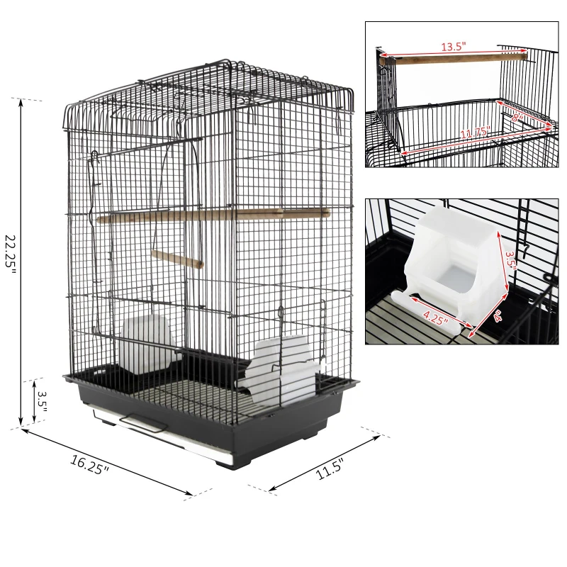 PawHut Gaiola para Pássaros Espaçosa Gaiola para Pássaros com Teto Abatível 2 Poleiros Baloiço e Comedouros para Interior Exterior 41,5x29,5x56,5cm Preto