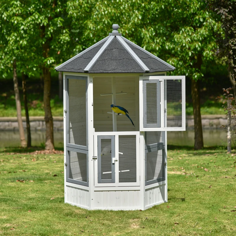 PawHut Gaiola para Pássaros de Madeira para Varanda Jardim com Múltiplas Portas Janelas 2 Ninhos de Pássaros 5 Poleiros e Teto Asfáltico 125x125x183cm Cinza Branco e Preto