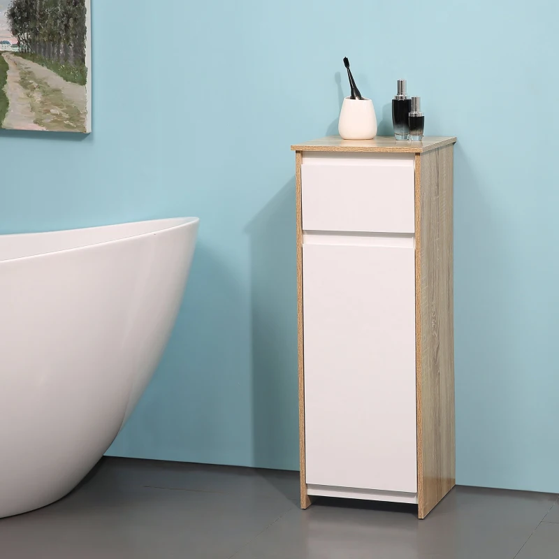 Kleankin Armário Casa de Banho Baixo Armário de Madeira com Gavetas e 2 Prateleiras para Sala de Estar Dormitório Cozinha 32,6x30x90cm Natural e Branco