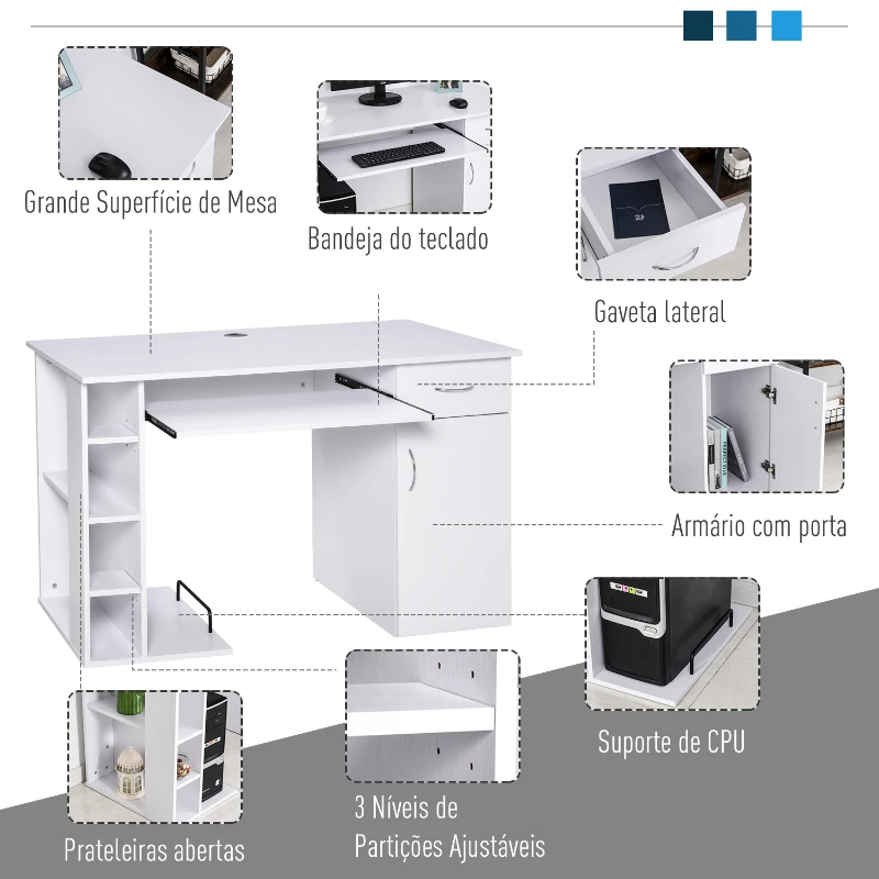 HOMCOM Secretária para Escritório com Prateleiras Abertas Gabinete Suporte para Cpu e Bandeja Removível 120x60x74 cm Branco