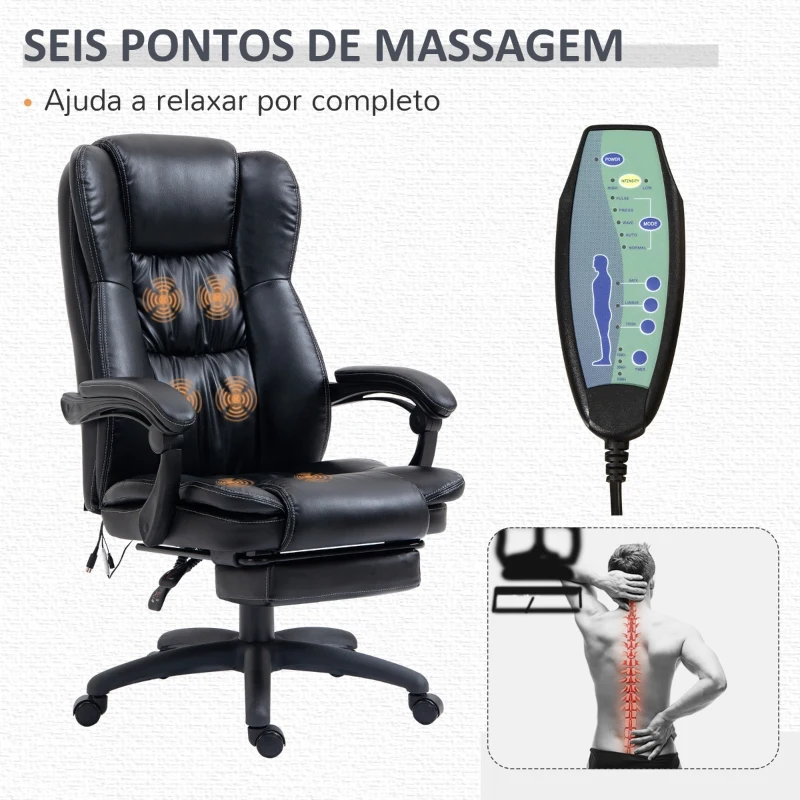 Vinsetto Cadeira de Escritório e Giratória Cadeira de Escritório com Altura Ajustável 6 Pontos de Massagem Controle Remoto e Apoio para os Pés Retrátil 68,5x68,5x119-127cm Preto