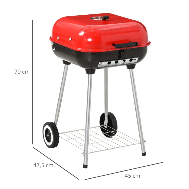 Outsunny Barbecue a Carvão com Rodas e Prateleira e Tampa para Jardim Exterior Campismo 46x52,5x76cm Vermelho e Preto