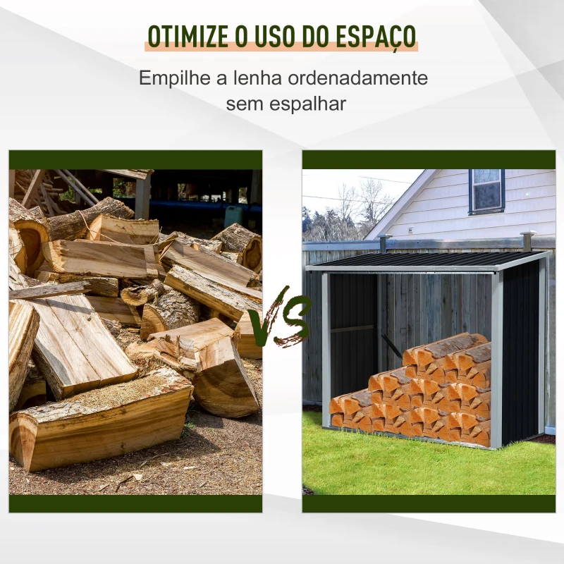 Outsunny Abrigo para Lenha de Aço Galvanizado Abrigo de Armazenamento de Lenhas com Teto Inclinado para Jardim Terraço Exterior 182 x 89 x 136/148cm Cinza
