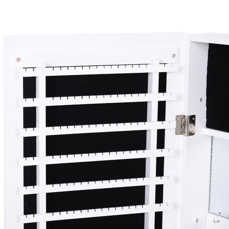 HOMCOM Espelho com Móvel de Bijuterias de Parede ou Porta Armário Porta Jóias com Altura Ajustável 2 Prateleiras Fechadas com Portas e Organizador de Jóias 35,5x9,5x102cm Branco