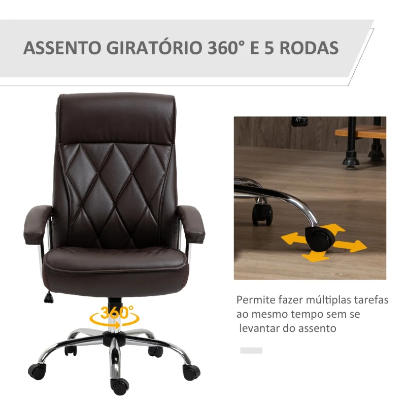 Vinsetto Cadeira de Escritório Ergonômica Giratória e Basculante com Altura Ajustável Encosto Alto e Apoio para a cabeça Acolchoado Pele Sintética 66x69x113-121cm Marrom