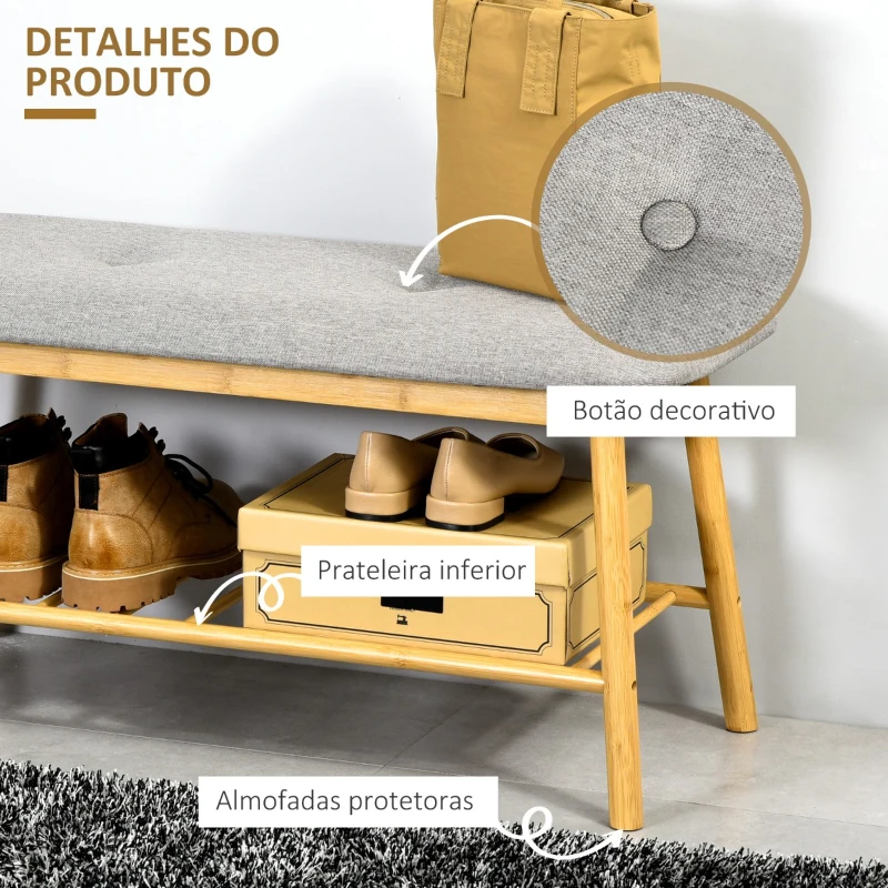 HOMCOM Banco Sapateiro Moderno Móvel de Entrada de Bambú com Assento Acolchoado e Prateleira para Sapatos 90x34x44cm Cor Natural e Cinza
