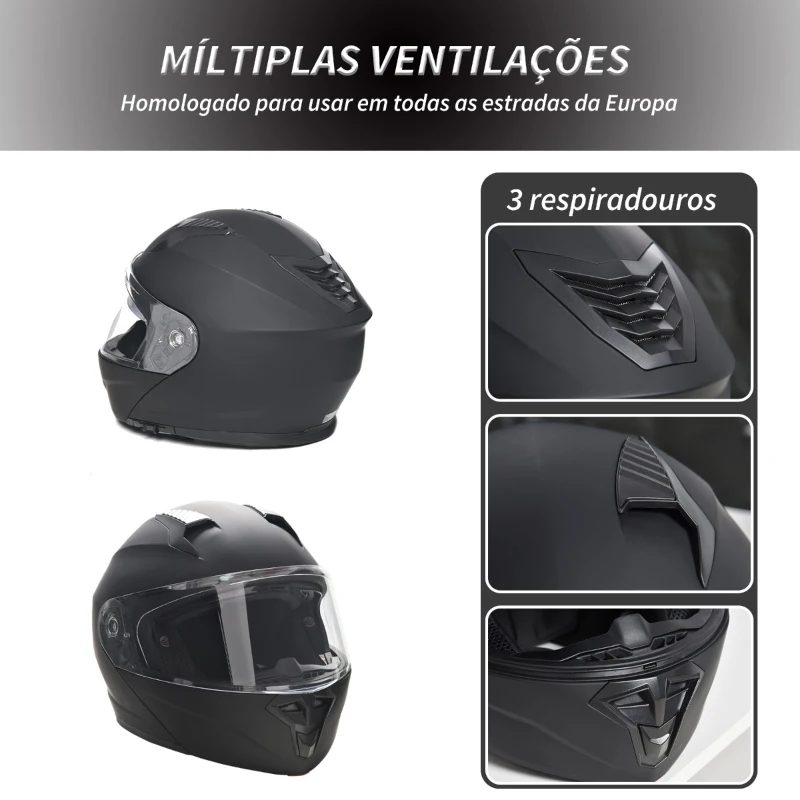 HOMCOM Capacete de Moto Integral Tamanho XL-61/62cm Capacete de Motocicleta com Dupla Viseira Cabeçote Anticolisão com Certificação Europeia Unisex Cor Preta