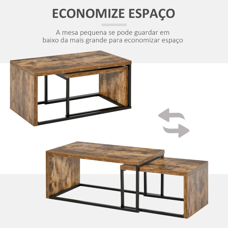 HOMCOM Conjunto de 2 Mesas de Centro Mesinhas de Café com Pés de Metal Estilo Industrial para Sala de Estar Sala de Jantar 90x48x42cm e 59x42x36cm Marrom Rústico