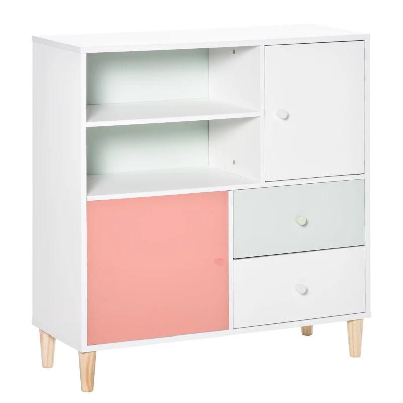 HOMCOM Móvel Infantil Cómoda para Crianças com 2 Compartimentos 2 Gavetas e 2 Armários para Armazenamento de Livros Brinquedos Roupa 80x30x85cm Coral Verde Menta Branco