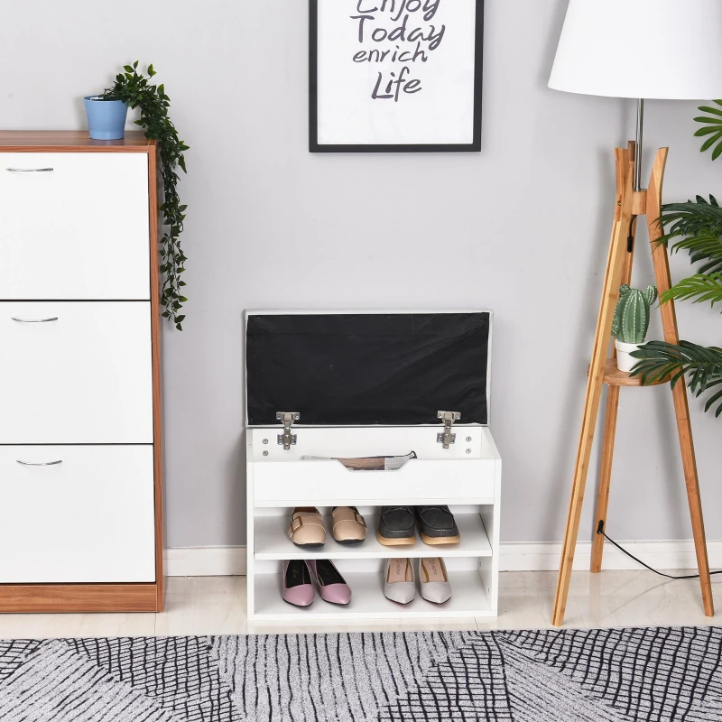 HOMCOM Sapateira com Assento Almofadado 2 Prateleiras e 1 Gaveta 63x30,5x45,5 cm Branco