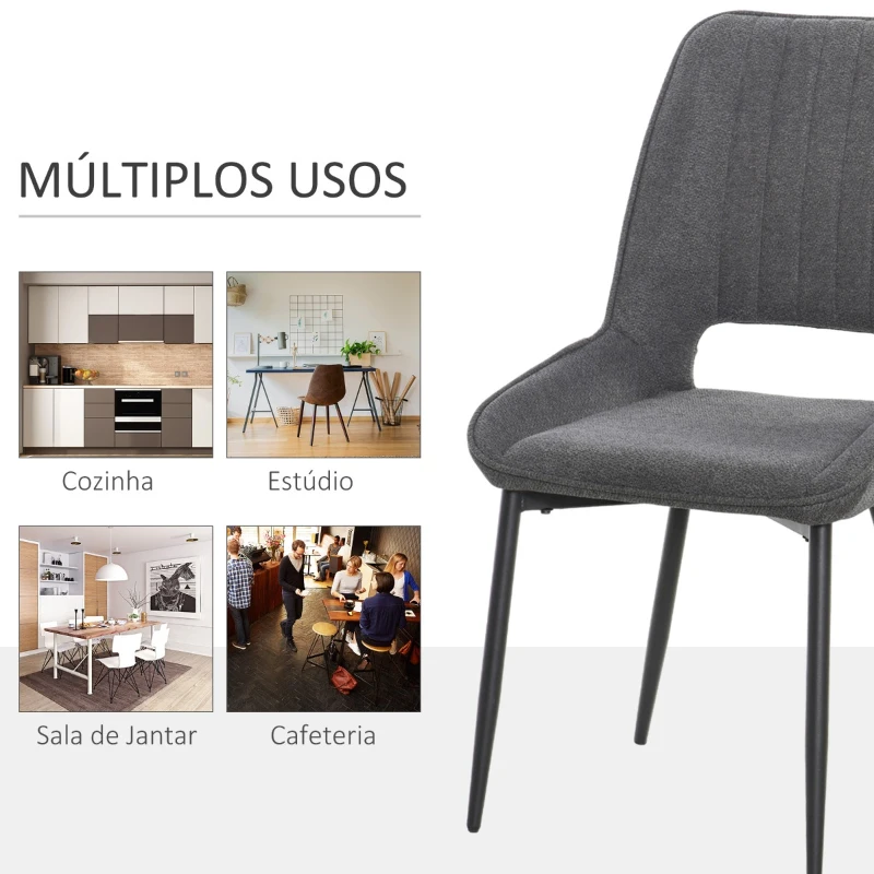 HOMCOM Conjunto de 2 Cadeiras de Sala de Jantar Estofadas em Linho Transpirável com Assento e Encosto Acolchoados Pés de Metal 59,5x50,5x92cm Cinza