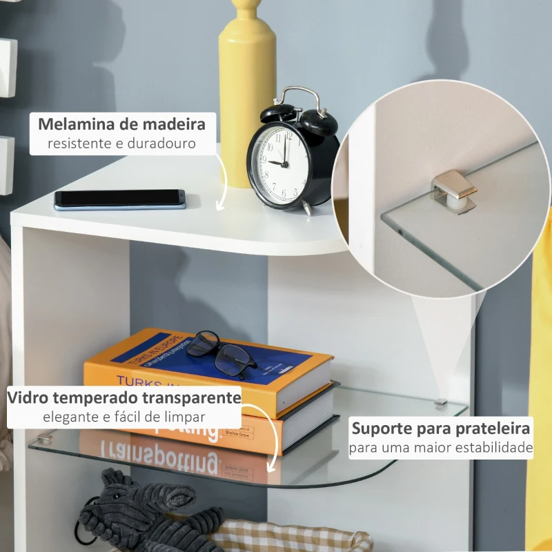 HOMCOM Mesa Auxiliar Moderna Mesa de Cabeceira com 3 Prateleiras 1 de Vidro para Sala de Estar Dormitório 40x40x56cm Branco