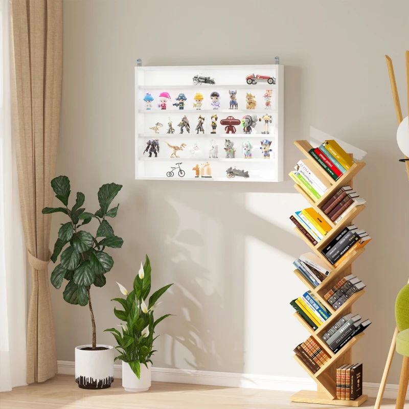 HOMCOM Vitrine de Parede de Madeira com Prateleiras Ajustáveis e 2 Portas Corredeiras de Vidro para Coleções Perfumes Bonecos de Decoração 80x9,5x60cm Branco