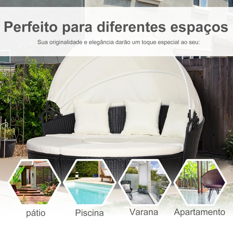 Outsunny Conjunto Exterior 2 em 1 Cama redonda com toldo e poltronas conversíveis Toldo Redondo com Cama e Poltronas Conversíveis 180x175x147cm