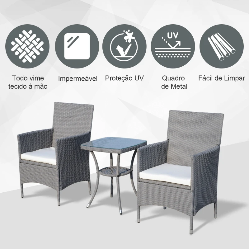 Outsunny Conjunto de Móveis de Vime para Jardim Composto por 1 Mesa 2 Poltronas com Almofadas Móveis de Jardim Metal e Vime Cinza Claro