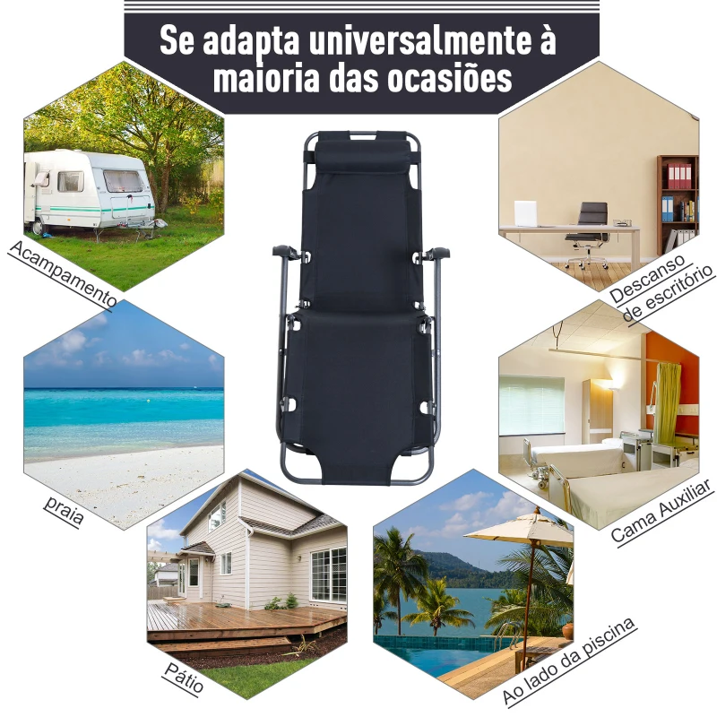 Outsunny Espreguiçadeira Reclinável  Dobrável  com Encosto Ajustável Apoio de Braço e Apoio para os Pés Carga 136 kg 135x60x89 cm Preto