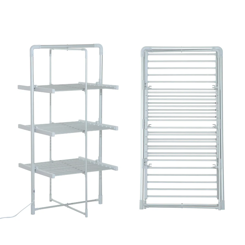 HOMCOM Varal Elétrico Dobrável   3 níveis Secador de roupa com 30 barras de alumínio quente 73x67x144cm