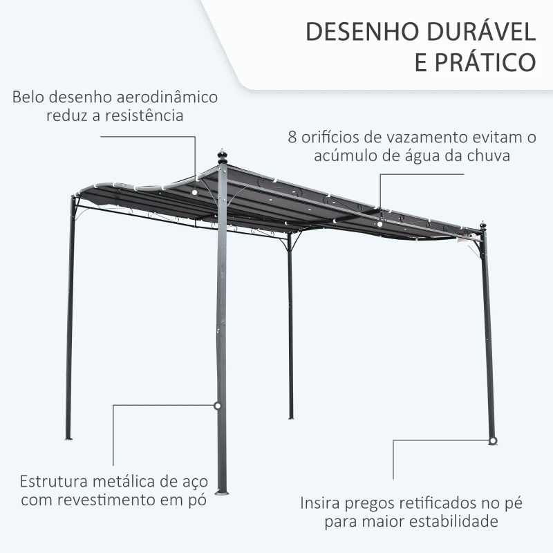 Outsunny Pergola de jardim 2,97x2,97 m com Toldo e 4 Furos de Drenagem Metal e Poliester 180 g / m² Resistente para pátio jardim Cinza