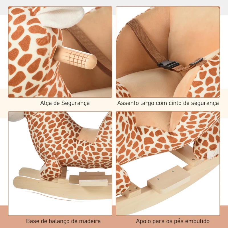 HOMCOM Baloiço para Crianças em Madeira com 32 Canções Cinturão de Segurança Girafa de Pelúcia 60x33x45 cm Marrom Claro