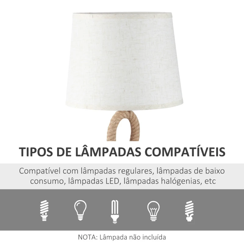 HOMCOM Candeeiro de Mesa Rústico com Base de Metal e Corda de Canhâmo Ecrã de Tecido Suporte para Lâmpadas E27 de Máx. 40W para Sala de Estar Dormitório Ø30x56cm Bege