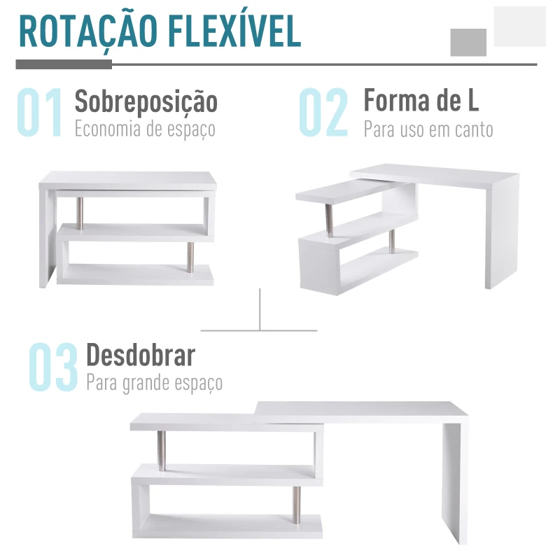HOMCOM Secretária de Canto Giratória 360º Secretária em Forma de L com Prateleiras para Escritório Casa 114x120x76,1cm Branco
