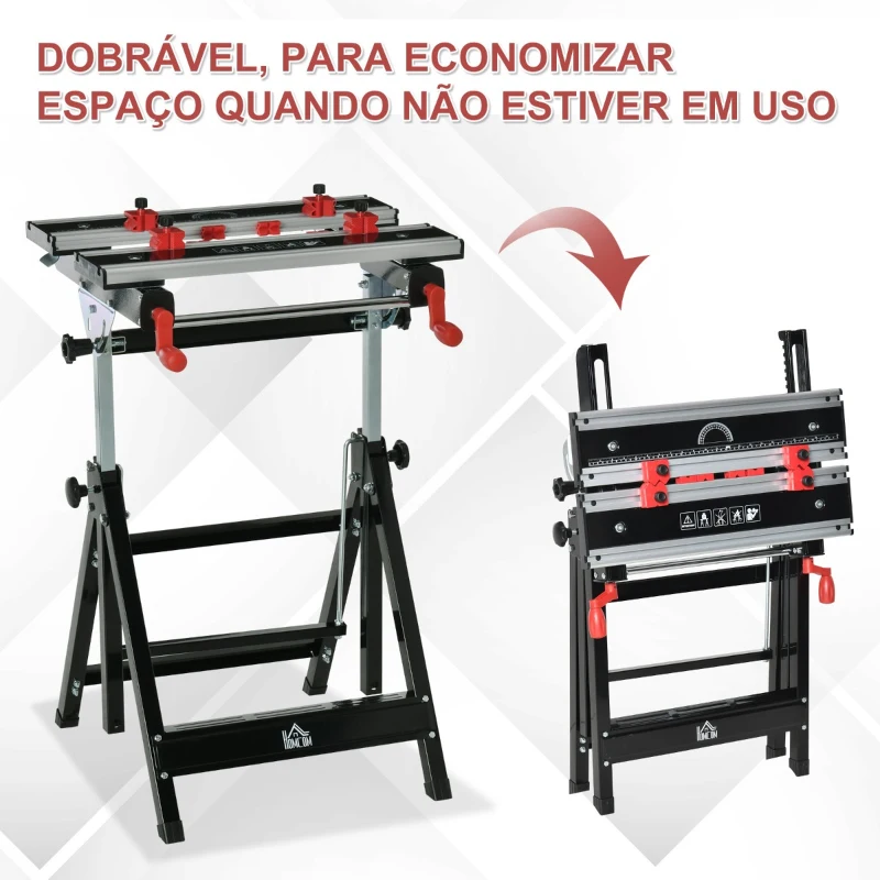 HOMCOM Bancada de trabalho dobrável de altura ajustável placas ajustáveis em largura e distância carga 100 kg 55x50x78,5-108 cm preto e prata