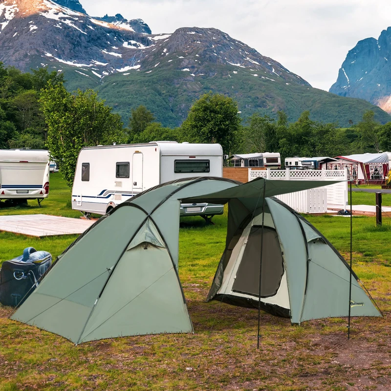 Outsunny Tenda de acampamento para 4 pessoas à prova d'água 2000mm portátil Igloo com 2 portas para acampamento 480x220x190 cm verde