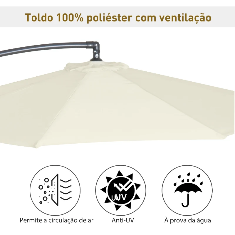 Outsunny Chapéu de Sol de Jardim Ø300x260cm Chapéu de Sol Excêntrico Inclinável com Manivela Base Cruzada e Suporte de Metal 8 Hastes para Terraço Exterior Balcão Creme