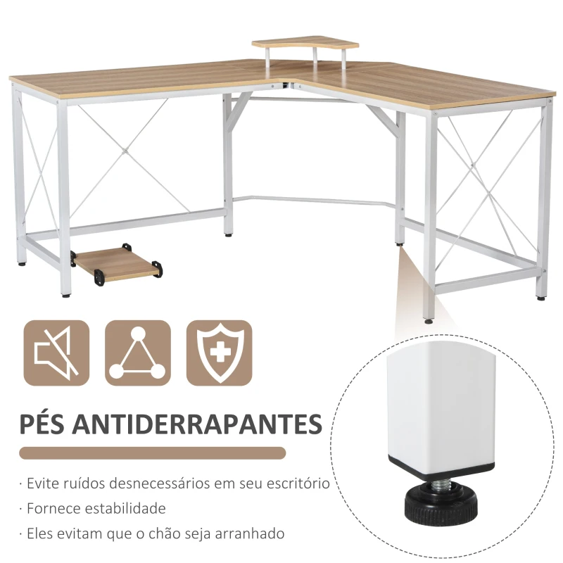 HOMCOM Secretária de Escritório em Forma de L Secretária com Suporte para CPU e Estrutura de Reforço em Forma de X 150x150x76cm Madeira e Branco