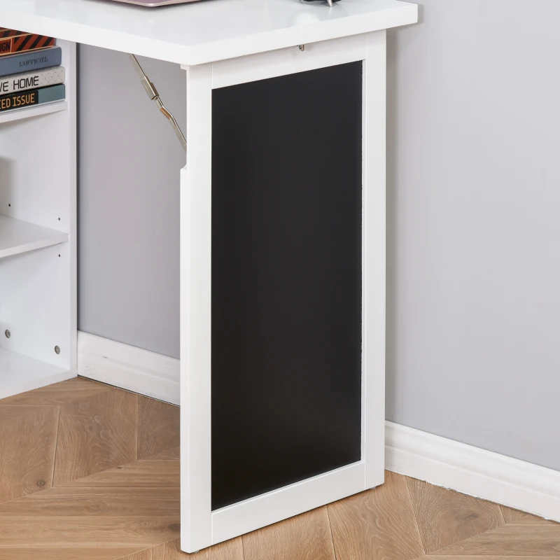 HOMCOM Secretária Dobrável com Prateleira Quadro Preto e Várias Estantes Conversíveis ​​98x51x153 cm Branco