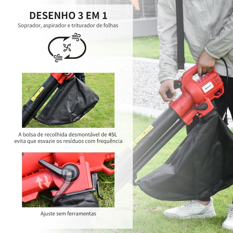 Outsunny 3 em 1 Aspirador Soprador e Triturador de Folhas Elétrico Potência 3000W Velocidade de 270km/h com Bolsa Coletora 45L e 2 Rodas 118x17x29cm Preto