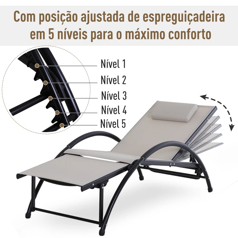 Outsunny Espreguiçadeira de Jardim Reclinável com Encosto Ajustável de 5 Níveis Apoio para os Pés Regulável e Apoio para a Cabeça Removível para Terraço Balcão Exterior 66x152x81cm Bege