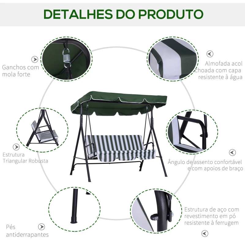 Outsunny Baloiço de Jardim de 3 Lugares Baloiço com Teto Ajustável em Ângulo para Terraço Balcão Carga Máxima 200kg Aço 172x110x153cm Verde e Branco