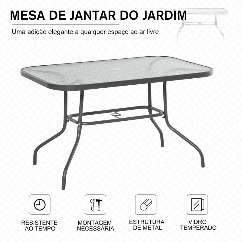 Outsunny Mesa retangular de metal para jardim  com orifício para guarda-sol Capacidade 70kg Vidro temperado 120x80x70 cm Cinza carvão